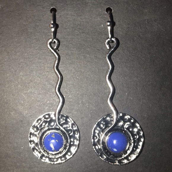 Lapis Lazuli Hammered Plate~ Tribal Ethnic Wavy Spiral Swirl Disc Platter Dangle - Picture 14 of 15